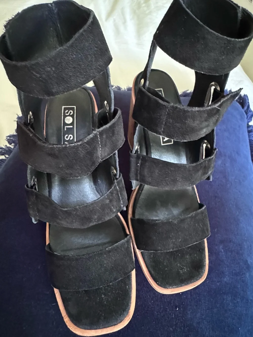 Sol Sana Black Suede Strappy Block Heel Sandals 7.5